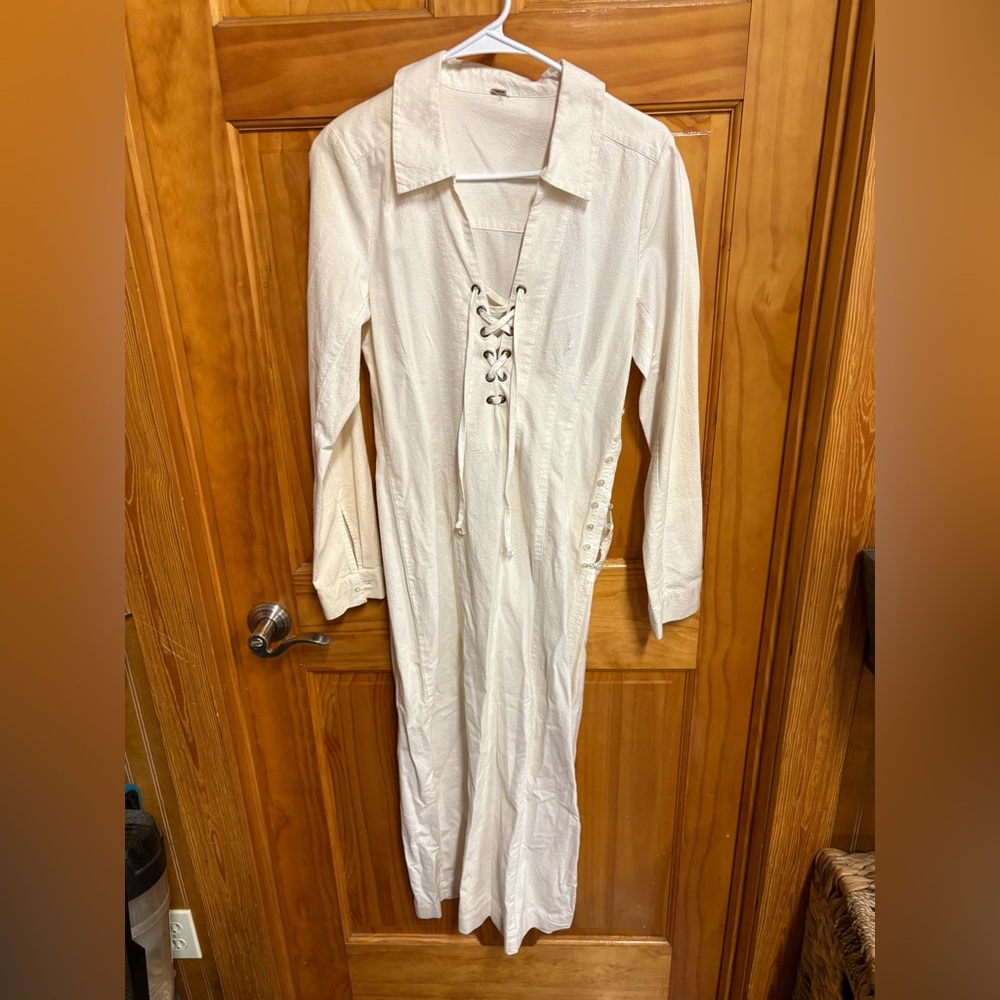Free People White Long Sleeve Notched Collar Dress